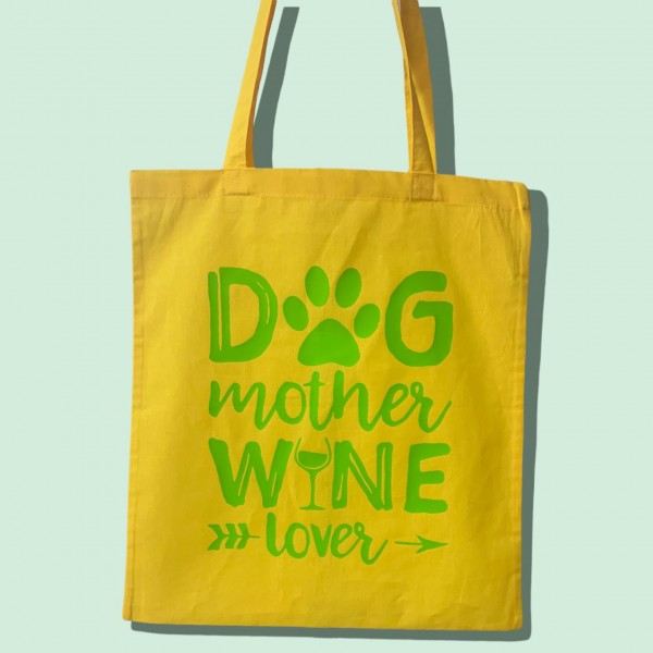 Baumwoll Tragetasche GELB / Grün "Dog Mother Winelover"